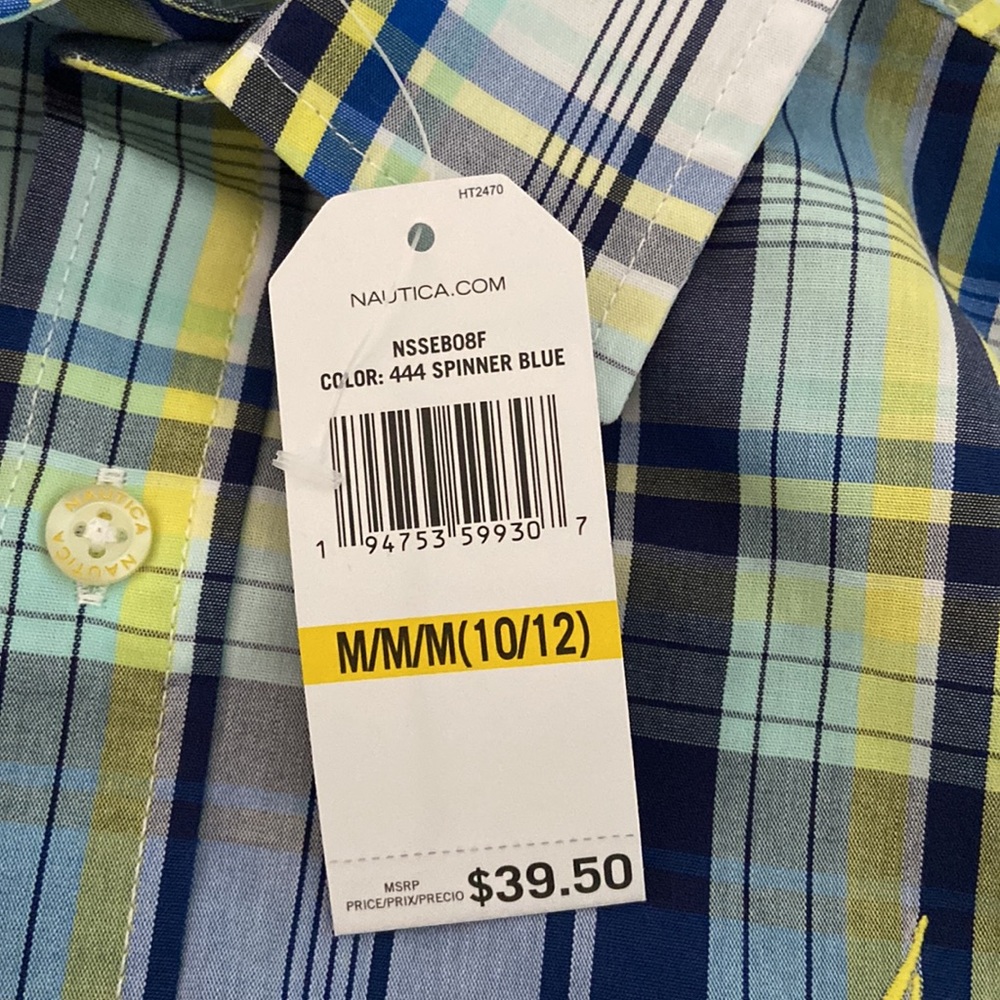 New never worn Nautica blue white yellow button down shirt size 10/12 Medium